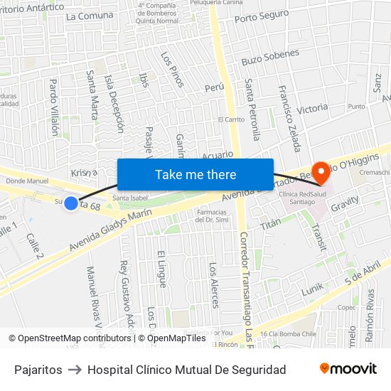 Pajaritos to Hospital Clínico Mutual De Seguridad map