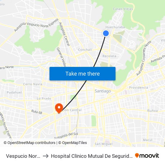 Vespucio Norte to Hospital Clínico Mutual De Seguridad map