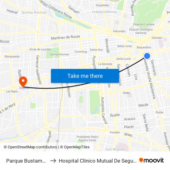 Parque Bustamante to Hospital Clínico Mutual De Seguridad map