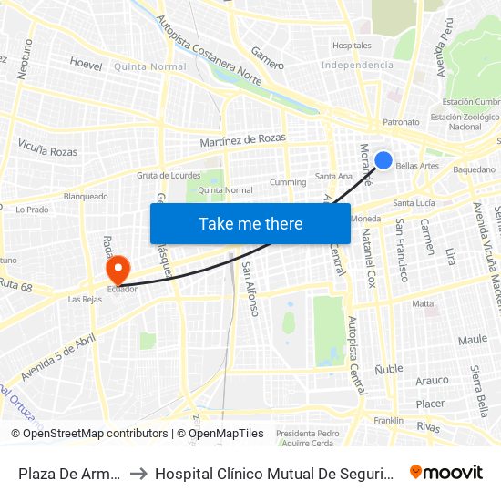 Plaza De Armas to Hospital Clínico Mutual De Seguridad map