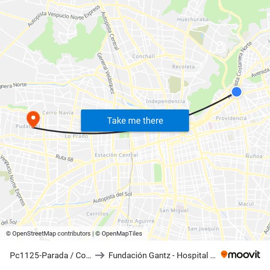 Pc1125-Parada / Costanera Center to Fundación Gantz - Hospital Del Niño Con Fisura map