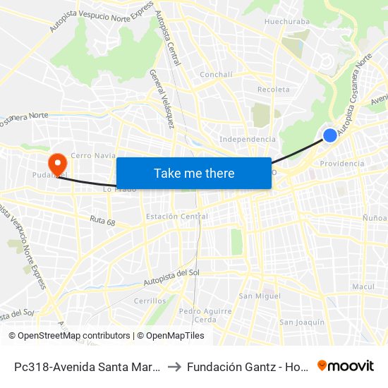 Pc318-Avenida Santa María / Esq. Av. Pedro De Valdivia to Fundación Gantz - Hospital Del Niño Con Fisura map