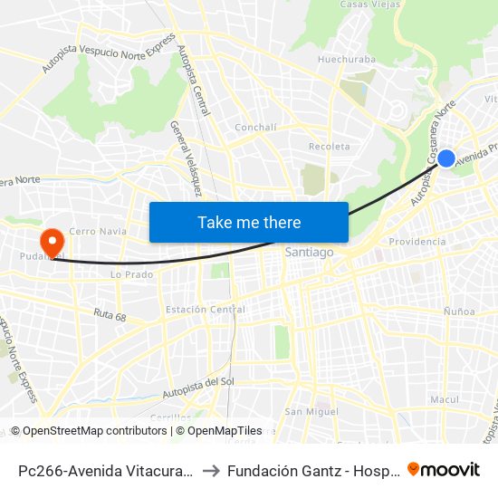 Pc266-Avenida Vitacura / Esq. Nueva Costanera to Fundación Gantz - Hospital Del Niño Con Fisura map