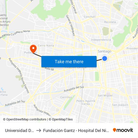 Universidad De Chile to Fundación Gantz - Hospital Del Niño Con Fisura map