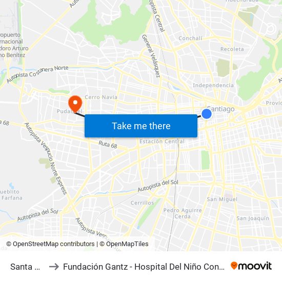 Santa Ana to Fundación Gantz - Hospital Del Niño Con Fisura map