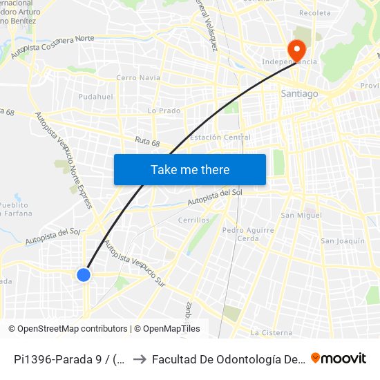 Pi1396-Parada 9 / (M) Plaza De Maipú to Facultad De Odontología De La Universidad De Chile map