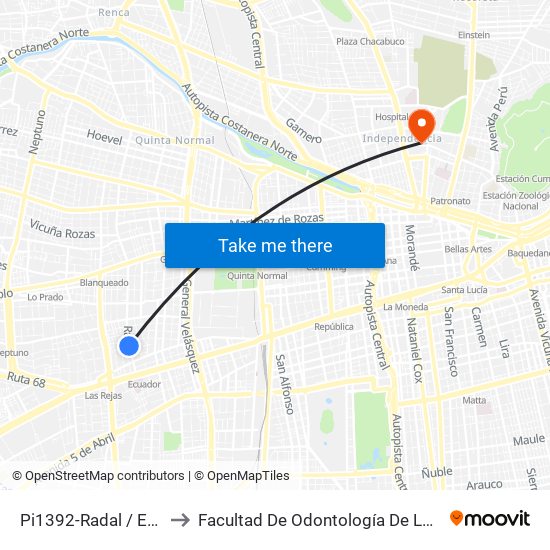 Pi1392-Radal / Esq. La Coruña to Facultad De Odontología De La Universidad De Chile map