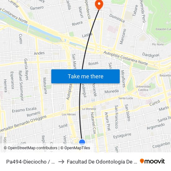 Pa494-Dieciocho / Esq. Santa Isabel to Facultad De Odontología De La Universidad De Chile map