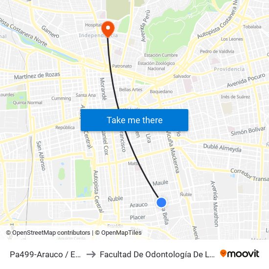 Pa499-Arauco / Esq. Sierra Bella to Facultad De Odontología De La Universidad De Chile map