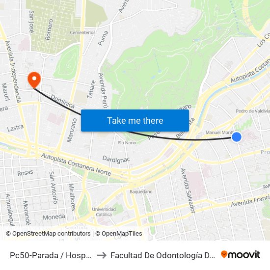 Pc50-Parada / Hospital Calvo Mackenna to Facultad De Odontología De La Universidad De Chile map