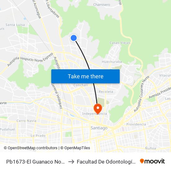 Pb1673-El Guanaco Norte / Esq. Santa Marta De H. to Facultad De Odontología De La Universidad De Chile map