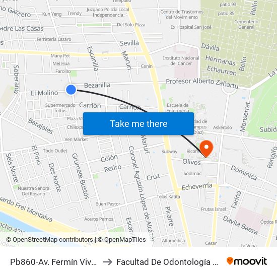 Pb860-Av. Fermín Vivaceta / Esq. El Molino to Facultad De Odontología De La Universidad De Chile map