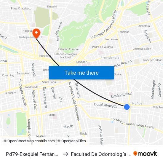 Pd79-Exequiel Fernández / Esq. Dublé Almeyda to Facultad De Odontología De La Universidad De Chile map