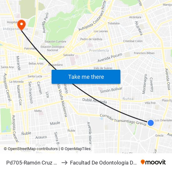 Pd705-Ramón Cruz / Esq. María Celeste to Facultad De Odontología De La Universidad De Chile map