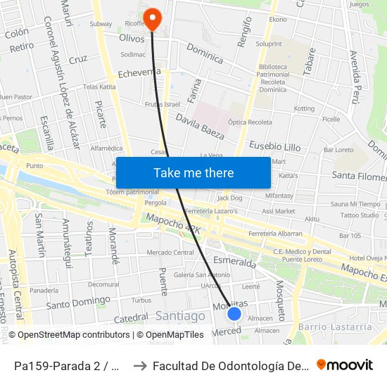 Pa159-Parada 2 / Monjitas - Mac Iver to Facultad De Odontología De La Universidad De Chile map