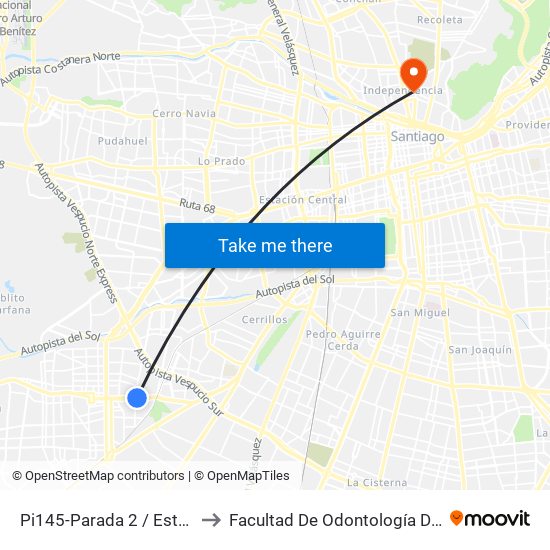Pi145-Parada 2 / Estadio Santiago Bueras to Facultad De Odontología De La Universidad De Chile map