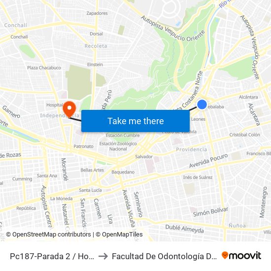 Pc187-Parada 2 / Hospital Metropolitano to Facultad De Odontología De La Universidad De Chile map