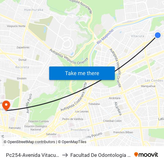 Pc254-Avenida Vitacura / Esq. Miguel Comas to Facultad De Odontología De La Universidad De Chile map