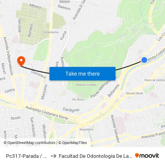 Pc317-Parada / Clínica Indisa to Facultad De Odontología De La Universidad De Chile map