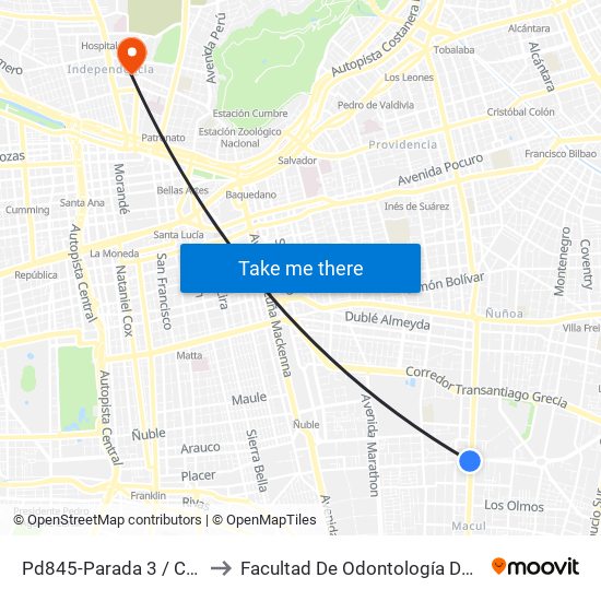 Pd845-Parada 3 / Colegio San Marcos to Facultad De Odontología De La Universidad De Chile map