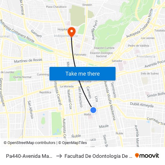 Pa440-Avenida Matta / Esq. Carmen to Facultad De Odontología De La Universidad De Chile map