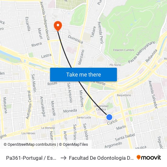 Pa361-Portugal / Esq. Diagonal Paraguay to Facultad De Odontología De La Universidad De Chile map