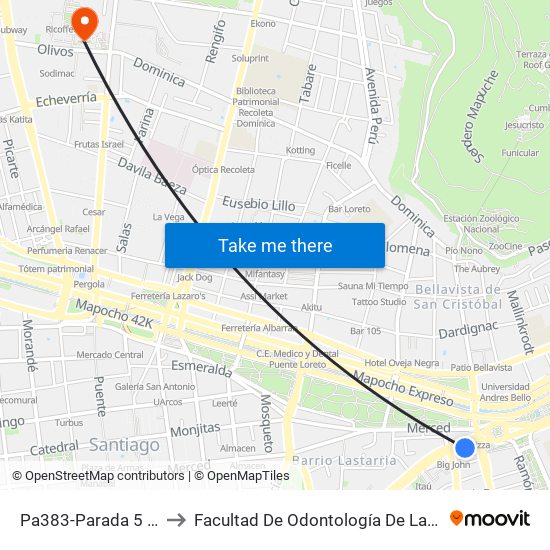 Pa383-Parada 5 / Plaza Italia to Facultad De Odontología De La Universidad De Chile map