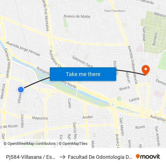 Pj584-Villasana / Esq. Claudio Vicuña M. to Facultad De Odontología De La Universidad De Chile map