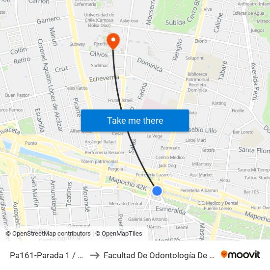 Pa161-Parada 1 / Mercado Central to Facultad De Odontología De La Universidad De Chile map