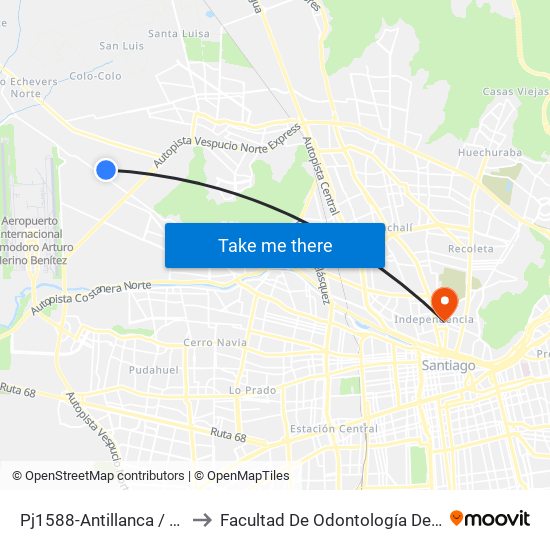 Pj1588-Antillanca / Esq. Antillanca-Sur to Facultad De Odontología De La Universidad De Chile map