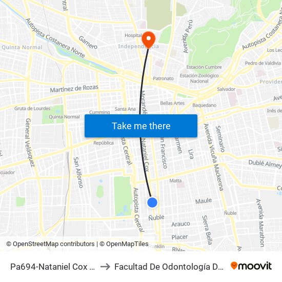 Pa694-Nataniel Cox / Esq. Pedro Lagos to Facultad De Odontología De La Universidad De Chile map