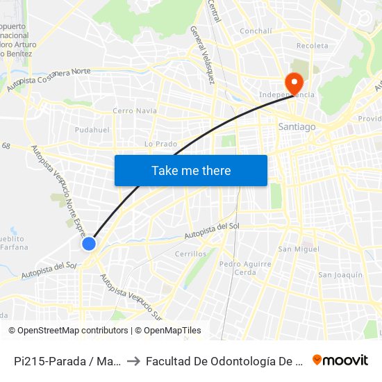 Pi215-Parada / Mall Arauco Maipú to Facultad De Odontología De La Universidad De Chile map