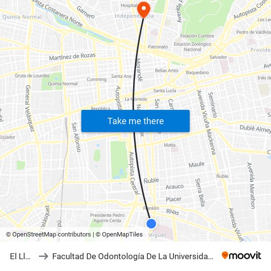 El Llano to Facultad De Odontología De La Universidad De Chile map