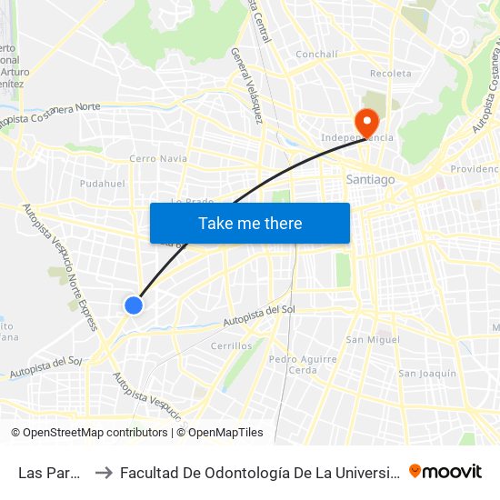 Las Parcelas to Facultad De Odontología De La Universidad De Chile map