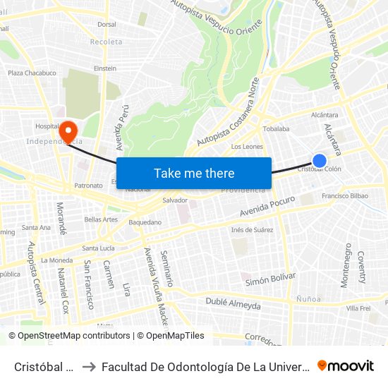 Cristóbal Colón to Facultad De Odontología De La Universidad De Chile map