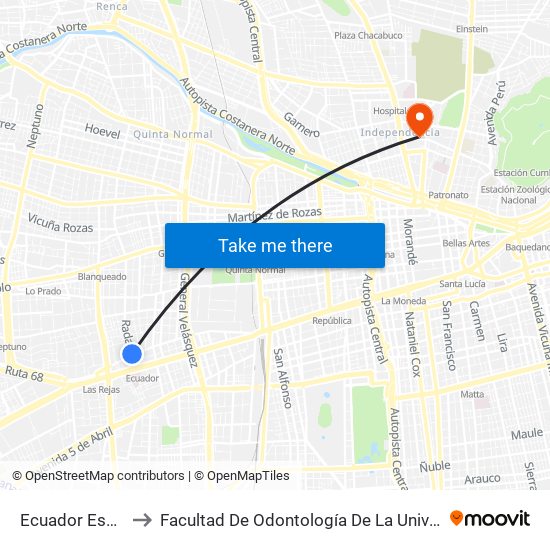 Ecuador Esq. Radal to Facultad De Odontología De La Universidad De Chile map