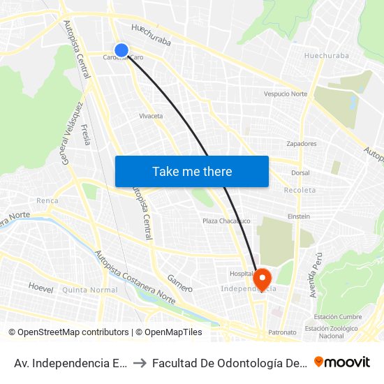 Av. Independencia Esq. Cardenal Caro to Facultad De Odontología De La Universidad De Chile map