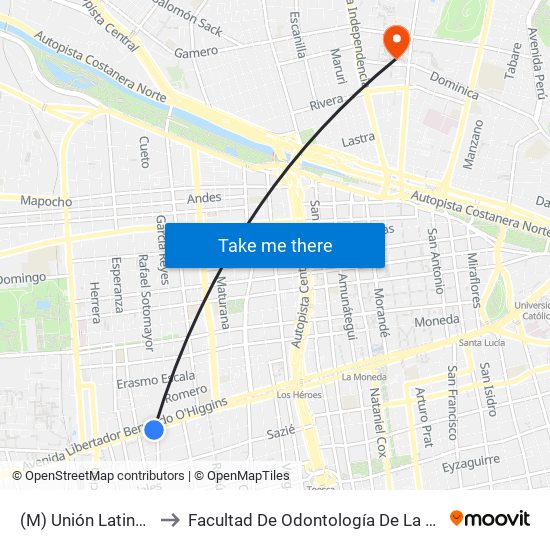 (M) Unión Latinoamericana to Facultad De Odontología De La Universidad De Chile map