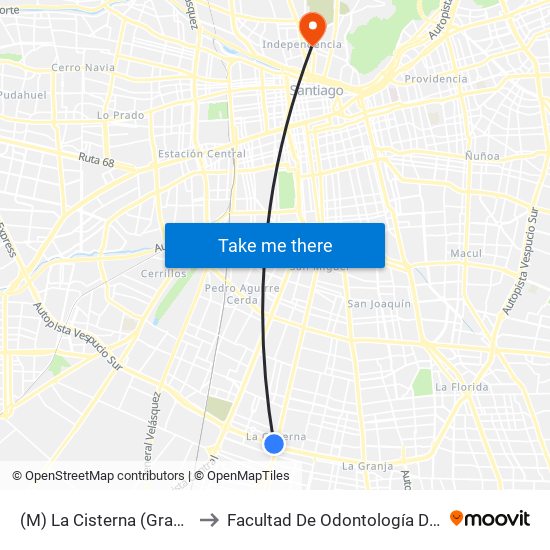 (M) La Cisterna (Gran Avenida, Parad. 25) to Facultad De Odontología De La Universidad De Chile map