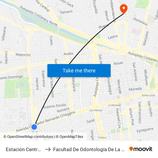 Estación Central (Anden1) to Facultad De Odontología De La Universidad De Chile map
