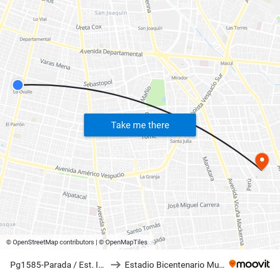 Pg1585-Parada / Est. Intermodal Lo Ovalle to Estadio Bicentenario Municipal De La Florida map