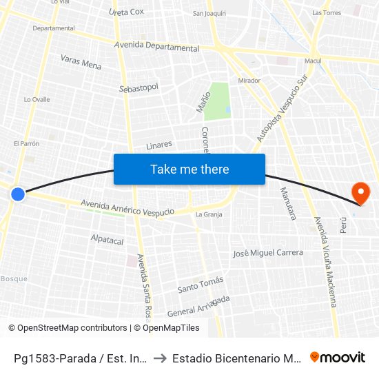 Pg1583-Parada / Est. Intermodal La Cisterna to Estadio Bicentenario Municipal De La Florida map
