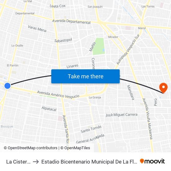 La Cisterna to Estadio Bicentenario Municipal De La Florida map