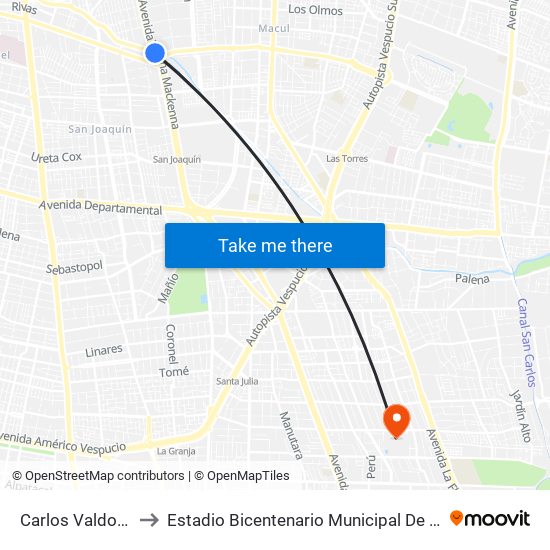 Carlos Valdovinos to Estadio Bicentenario Municipal De La Florida map