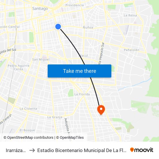 Irarrázaval to Estadio Bicentenario Municipal De La Florida map