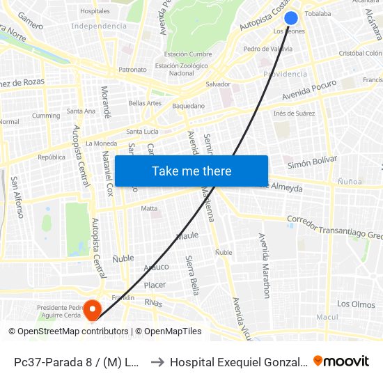 Pc37-Parada 8 / (M) Los Leones to Hospital Exequiel Gonzalez Cortez map