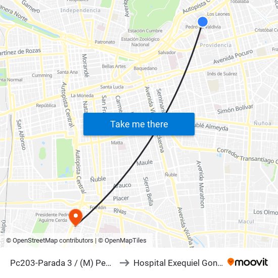 Pc203-Parada 3 / (M) Pedro De Valdivia to Hospital Exequiel Gonzalez Cortez map