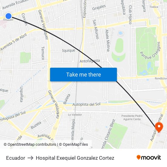 Ecuador to Hospital Exequiel Gonzalez Cortez map