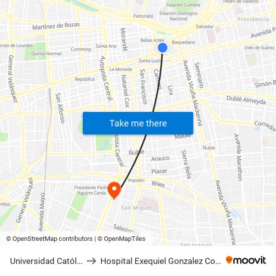 Universidad Católica to Hospital Exequiel Gonzalez Cortez map
