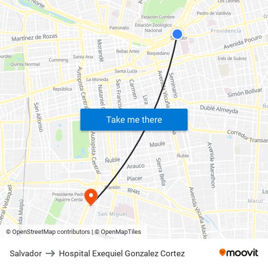 Salvador to Hospital Exequiel Gonzalez Cortez map